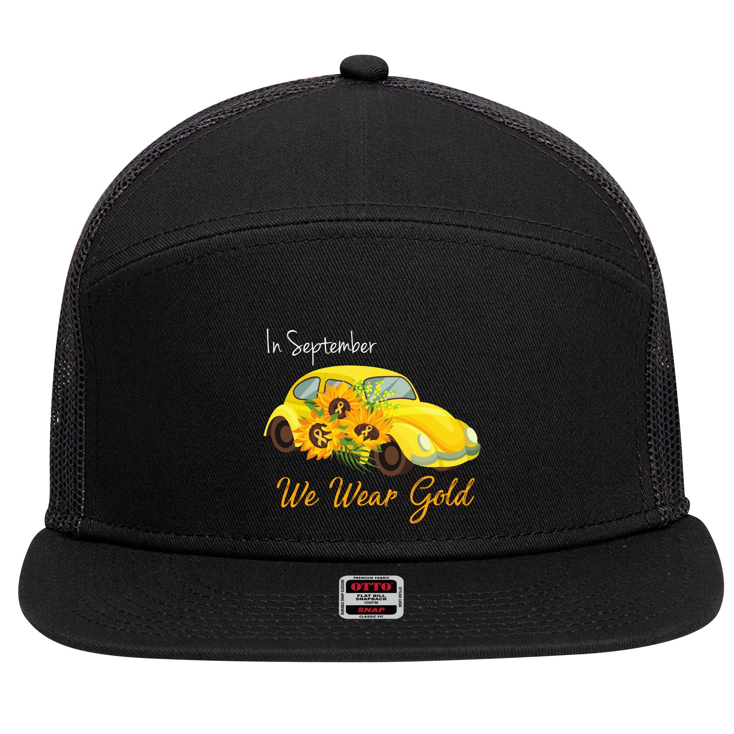 In September We Wear Gold Sunflower Vintage Car 7 Panel Mesh Trucker Snapback Hat