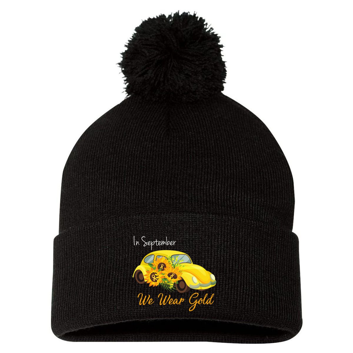 In September We Wear Gold Sunflower Vintage Car Pom Pom 12in Knit Beanie