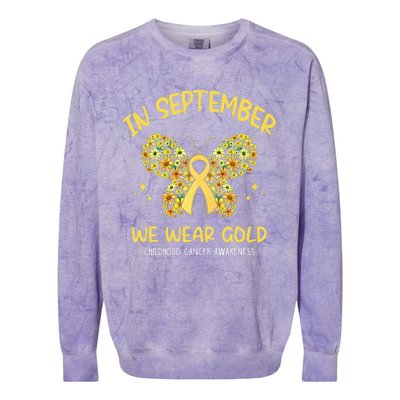 In September We Wear Gold Childhood Cancer Butterfly Gold Ribbon Colorblast Crewneck Sweatshirt