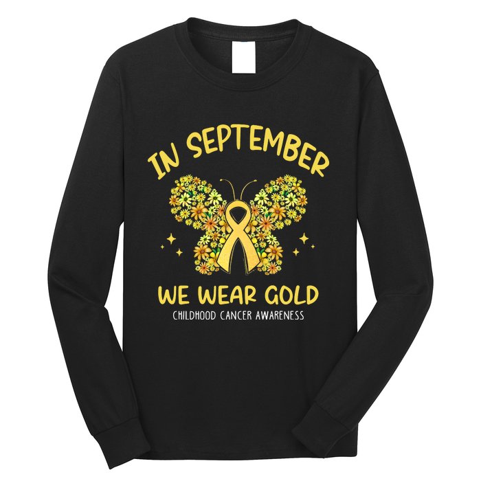 In September We Wear Gold Childhood Cancer Butterfly Gold Ribbon Long Sleeve Shirt