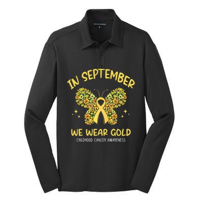 In September We Wear Gold Childhood Cancer Butterfly Gold Ribbon Silk Touch Performance Long Sleeve Polo