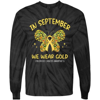 In September We Wear Gold Childhood Cancer Butterfly Gold Ribbon Tie-Dye Long Sleeve Shirt