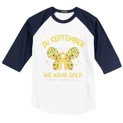 In September We Wear Gold Childhood Cancer Butterfly Gold Ribbon Baseball Sleeve Shirt