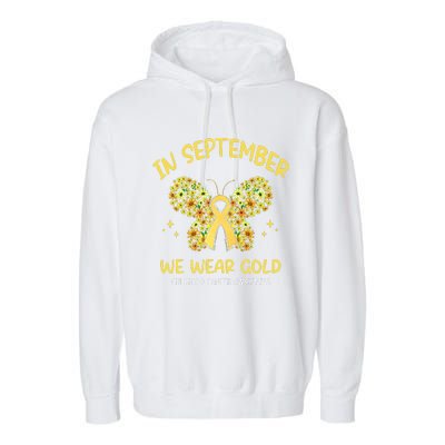 In September We Wear Gold Childhood Cancer Butterfly Gold Ribbon Garment-Dyed Fleece Hoodie