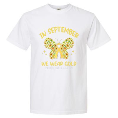 In September We Wear Gold Childhood Cancer Butterfly Gold Ribbon Garment-Dyed Heavyweight T-Shirt