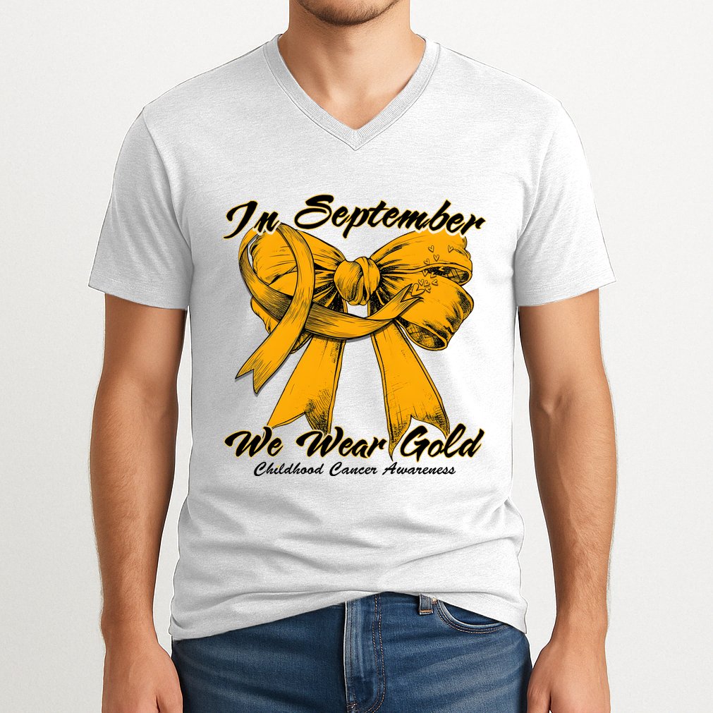 In September We Wear Gold For Childhood Cancer Awareness V-Neck T-Shirt