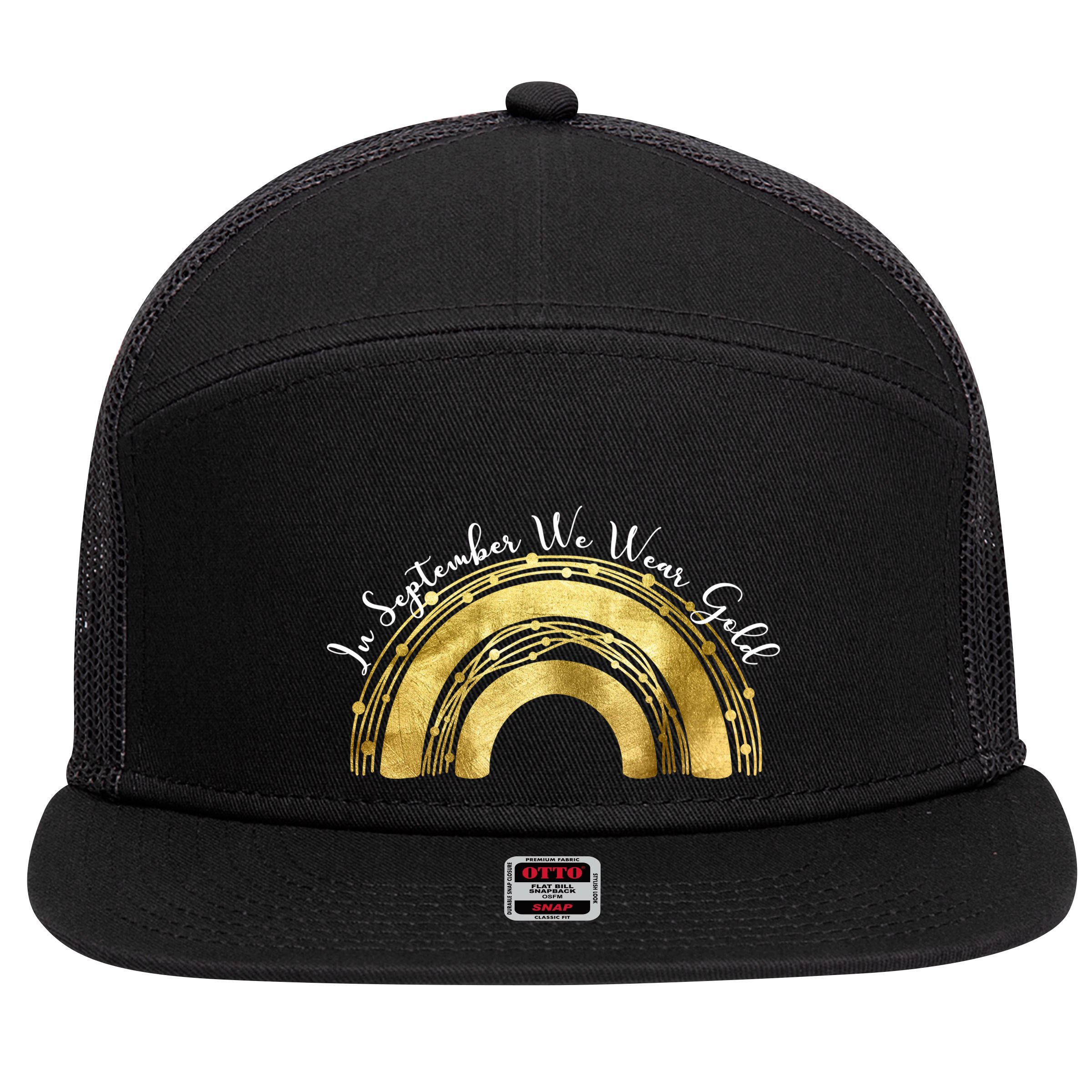In September We Wear Gold Rainbow Childhood Cancer 7 Panel Mesh Trucker Snapback Hat