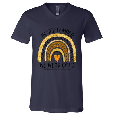 In September We Wear Gold Rainbow Childhood Cancer Awareness Gift V-Neck T-Shirt