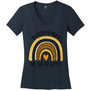 In September We Wear Gold Rainbow Childhood Cancer Awareness Gift Women's V-Neck T-Shirt