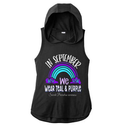 In September We Wear Teal Purple Ribbon Suicide Prevention Ladies PosiCharge Tri-Blend Wicking Draft Hoodie Tank