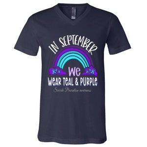 In September We Wear Teal Purple Ribbon Suicide Prevention V-Neck T-Shirt