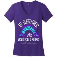 In September We Wear Teal Purple Ribbon Suicide Prevention Women's V-Neck T-Shirt