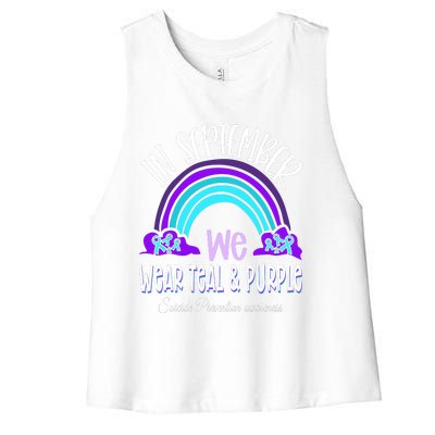 In September We Wear Teal Purple Ribbon Suicide Prevention Women's Racerback Cropped Tank