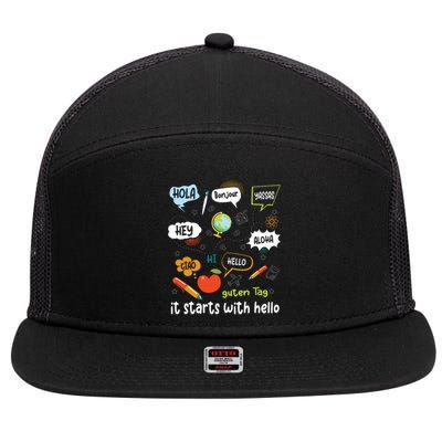 It Starts With Hello 7 Panel Mesh Trucker Snapback Hat