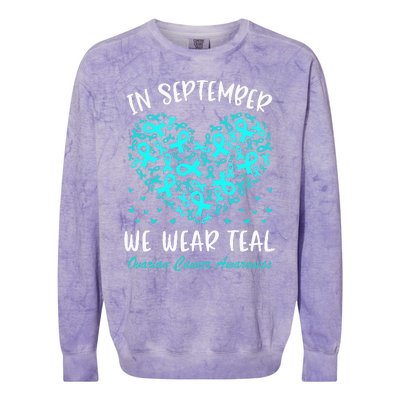 In September We Wear Teal Ovarian Cancer Awareness Hearts Colorblast Crewneck Sweatshirt