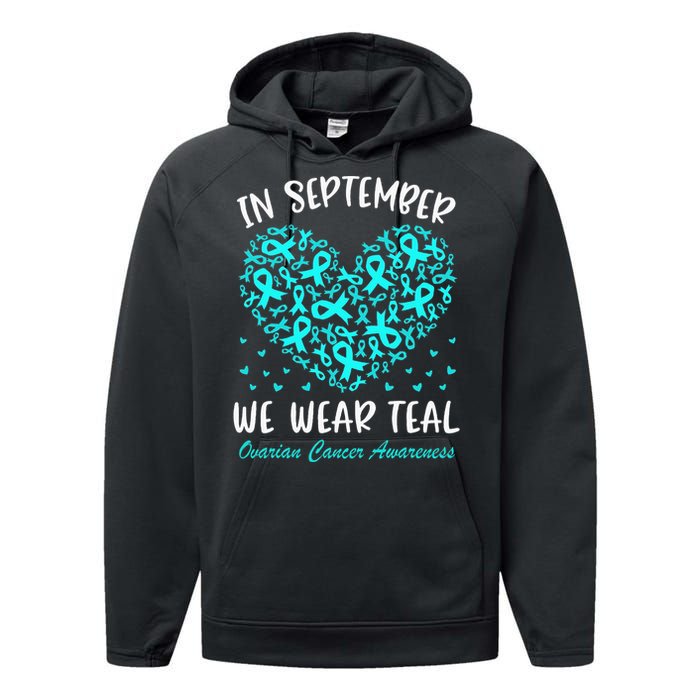 In September We Wear Teal Ovarian Cancer Awareness Hearts Performance Fleece Hoodie