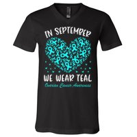 In September We Wear Teal Ovarian Cancer Awareness Hearts V-Neck T-Shirt