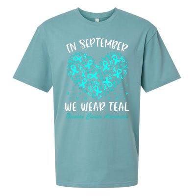 In September We Wear Teal Ovarian Cancer Awareness Hearts Sueded Cloud Jersey T-Shirt