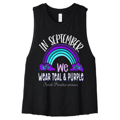 In September We Wear Teal Purple Ribbon Suicide Prevention Women's Racerback Cropped Tank