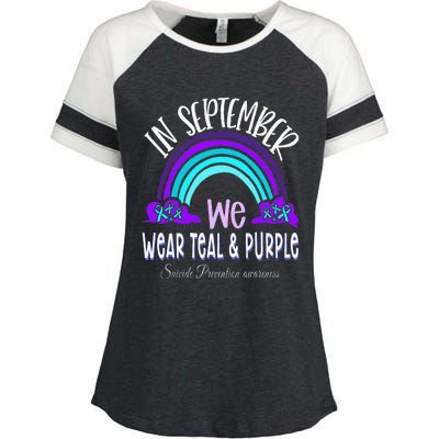 In September We Wear Teal Purple Ribbon Suicide Prevention Enza Ladies Jersey Colorblock Tee