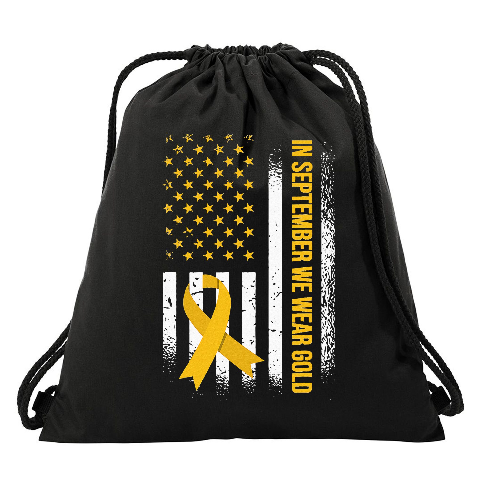 in september we wear gold childhood cancer awareness Drawstring Bag