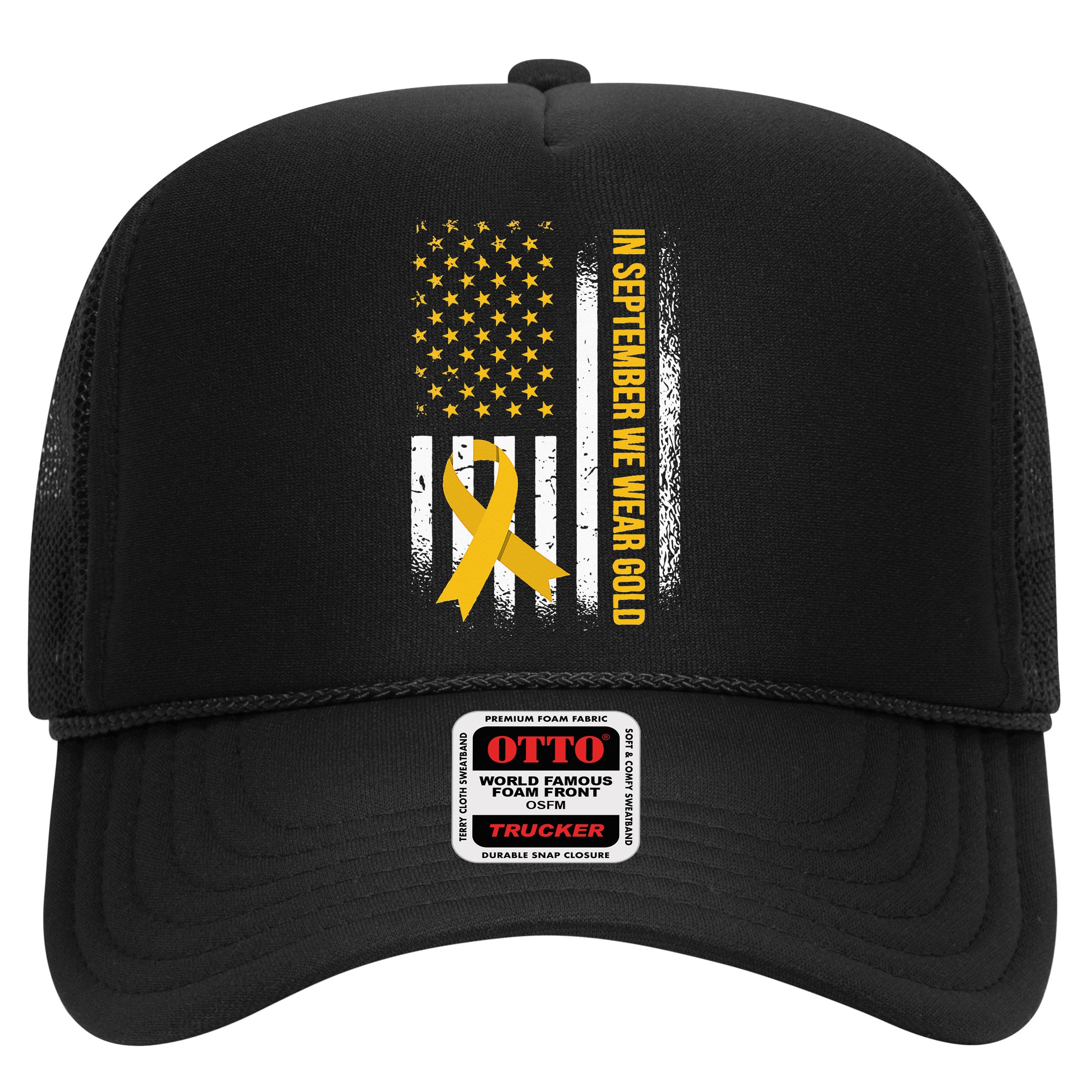 in september we wear gold childhood cancer awareness Trucker Hat