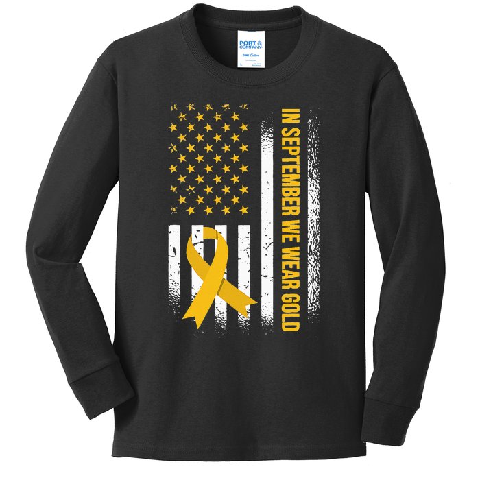 in september we wear gold childhood cancer awareness Kids Long Sleeve Shirt