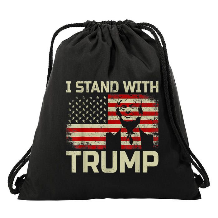 I Stand With Trump American Flag Drawstring Bag
