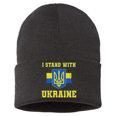 I Stand With Ukraine Vintage Ukrainian Flag Sustainable Knit Beanie