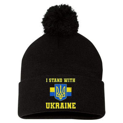 I Stand With Ukraine Vintage Ukrainian Flag Pom Pom 12in Knit Beanie