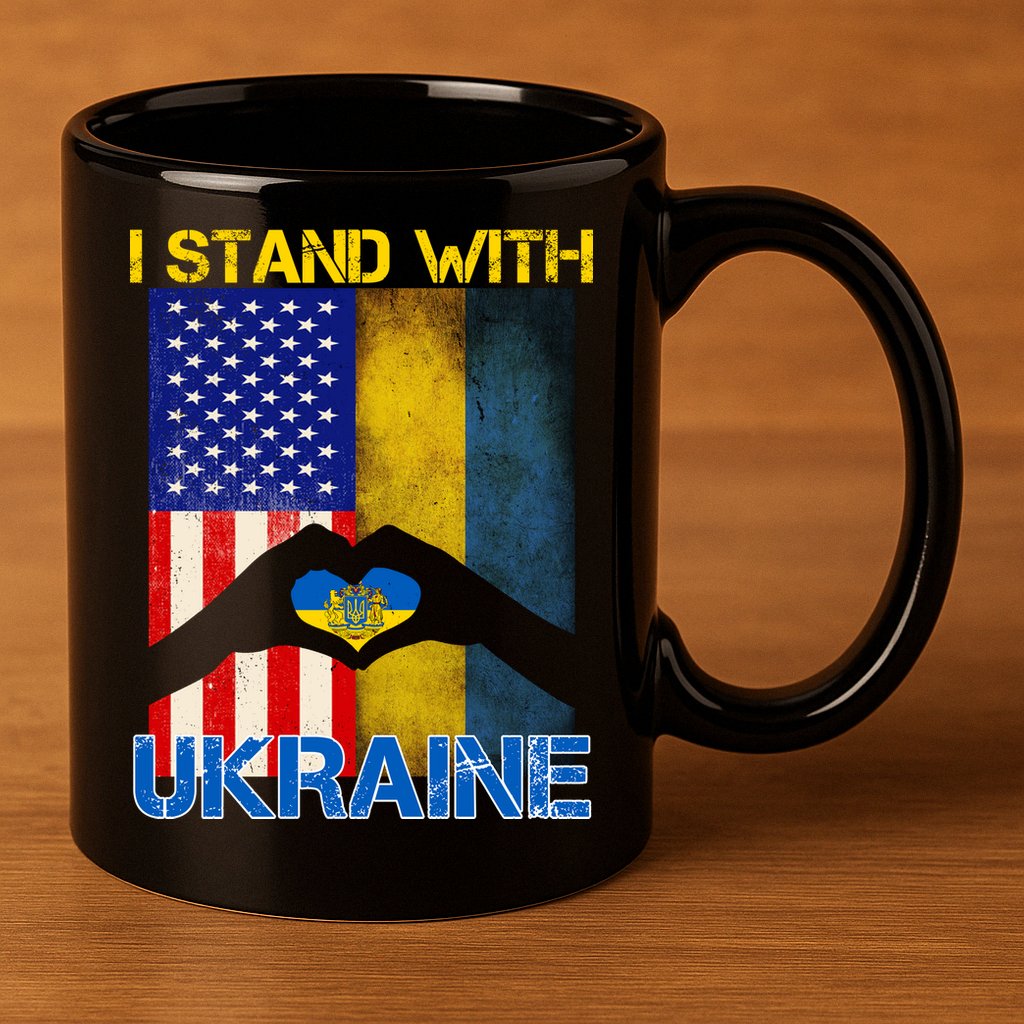 I Stand With Ukraine Heart USA Flag 11oz C Handle Ceramic Mug