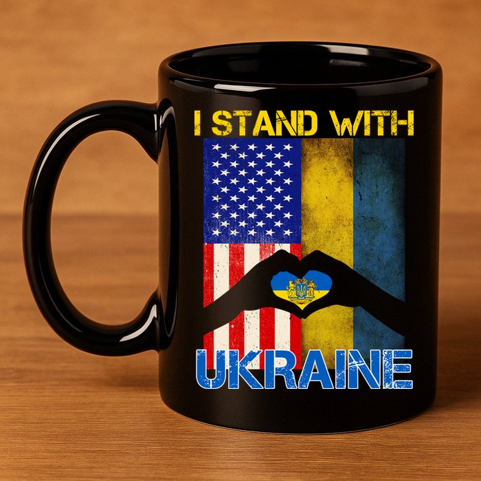 I Stand With Ukraine Heart USA Flag 11oz C Handle Ceramic Mug