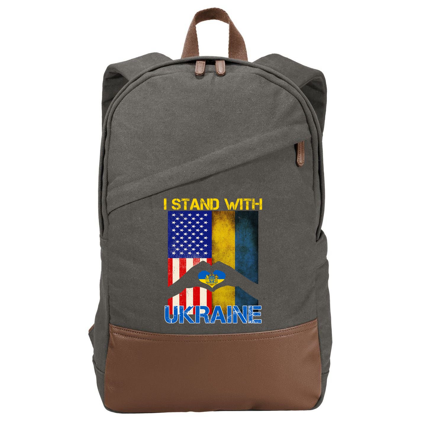 I Stand With Ukraine Heart USA Flag Cotton Canvas Backpack