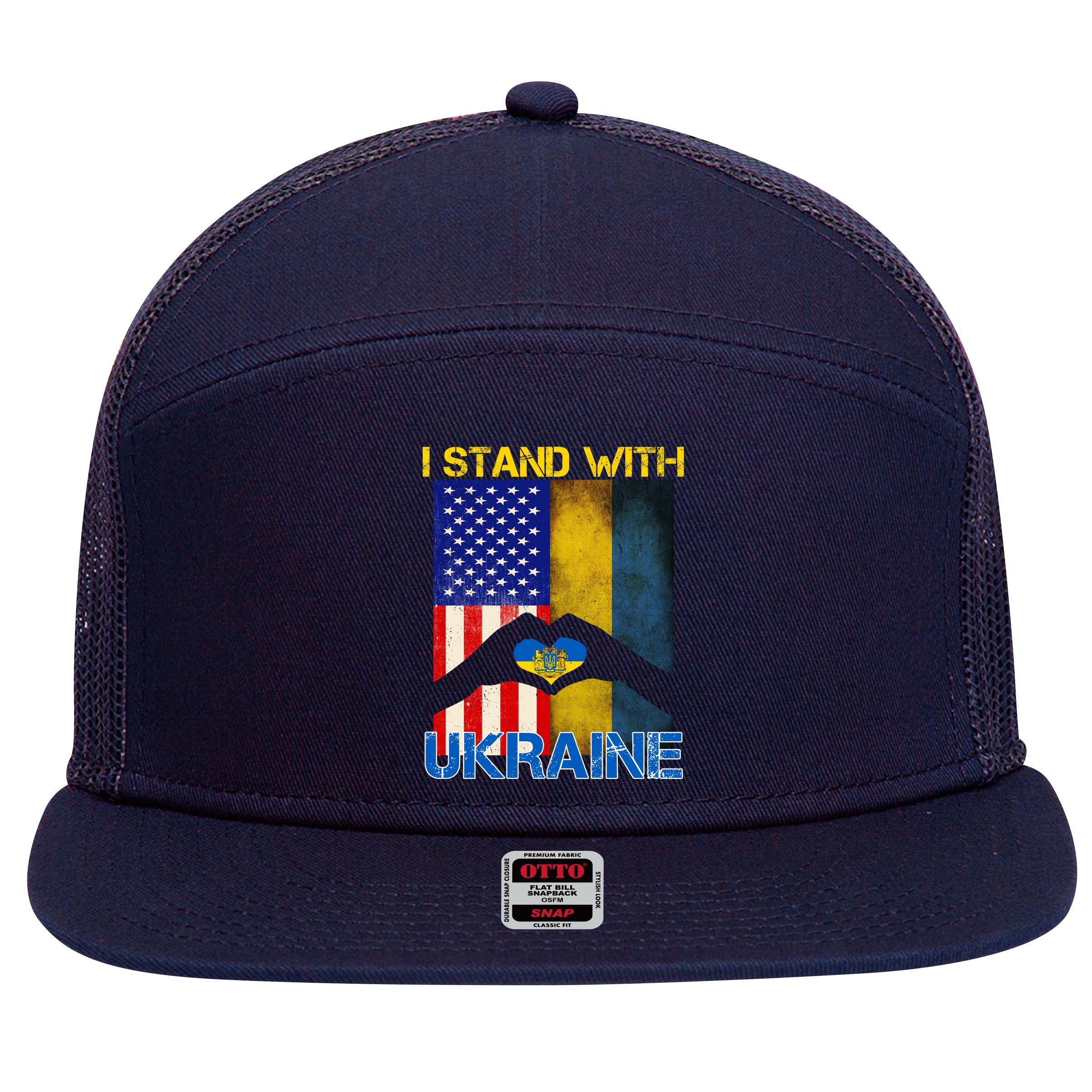 I Stand With Ukraine Heart USA Flag 7 Panel Mesh Trucker Snapback Hat