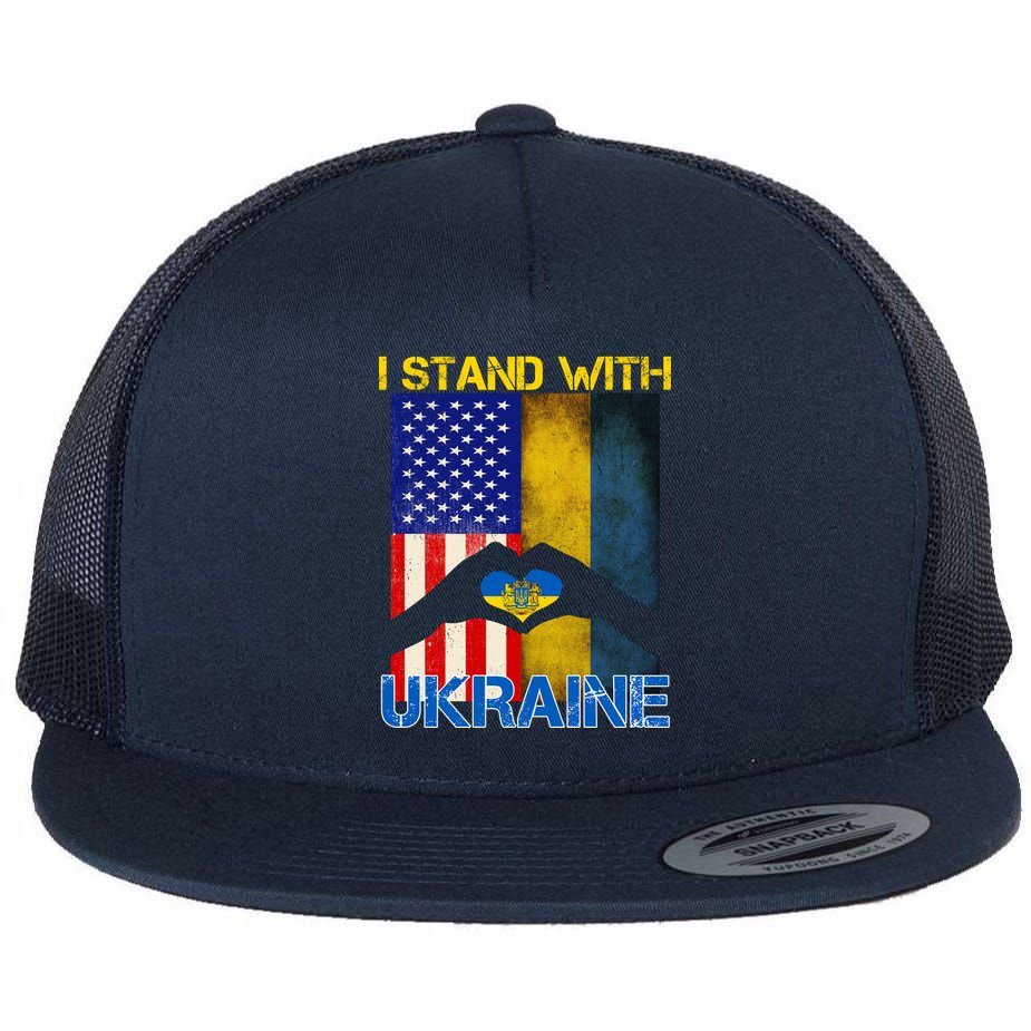 I Stand With Ukraine Heart USA Flag Flat Bill Trucker Hat