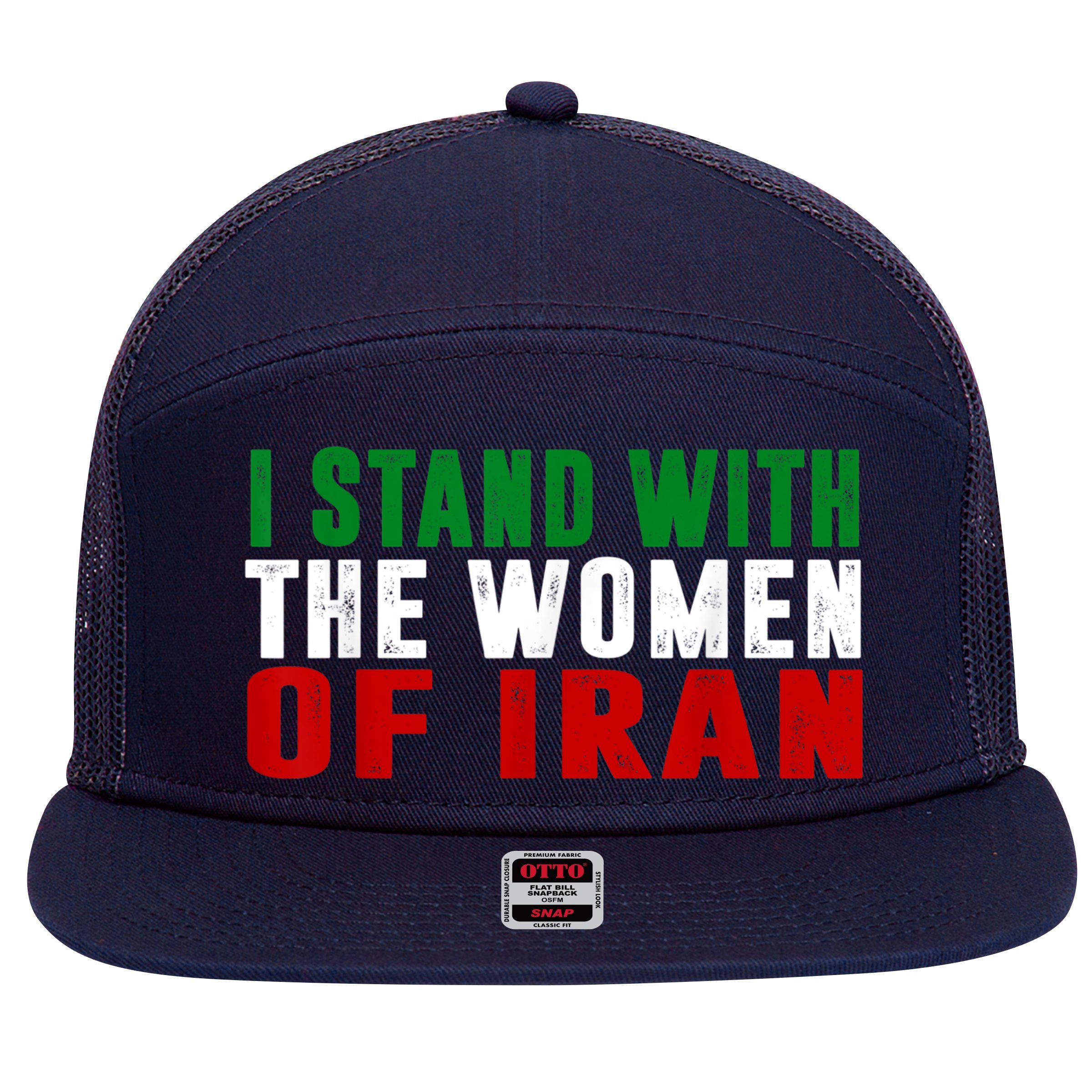 I Stand With The Women Of Iran Iranian Flag FIST Free Iran 7 Panel Mesh Trucker Snapback Hat