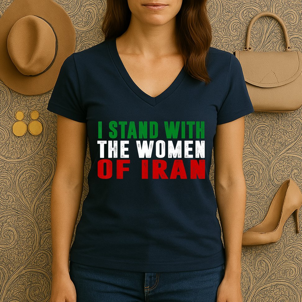 I Stand With The Women Of Iran Iranian Flag FIST Free Iran Women's V-Neck T-Shirt