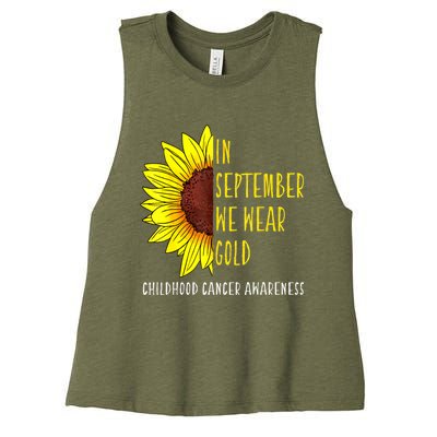 In September Wear Gold Childhood Cancer Awareness Sunflower Women's Racerback Cropped Tank