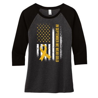 In September We Wear Gold Childhood Cancer Awareness Women's Tri-Blend 3/4-Sleeve Raglan Shirt