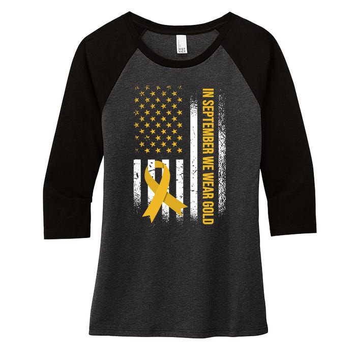 In September We Wear Gold Childhood Cancer Awareness Women's Tri-Blend 3/4-Sleeve Raglan Shirt