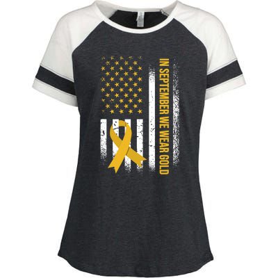 In September We Wear Gold Childhood Cancer Awareness Enza Ladies Jersey Colorblock Tee