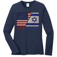 I Stand With Israel Patriotic Usa And Israel Flag Ladies Long Sleeve Shirt