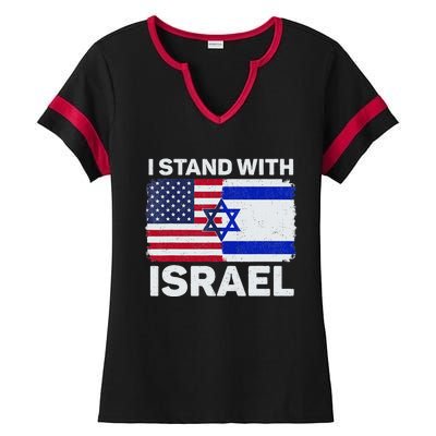 I Stand With Israel USA American Flag with Israel Flag Ladies Halftime Notch Neck Tee