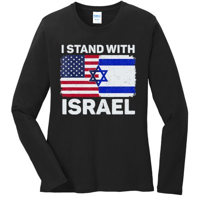 I Stand With Israel USA American Flag with Israel Flag Ladies Long Sleeve Shirt