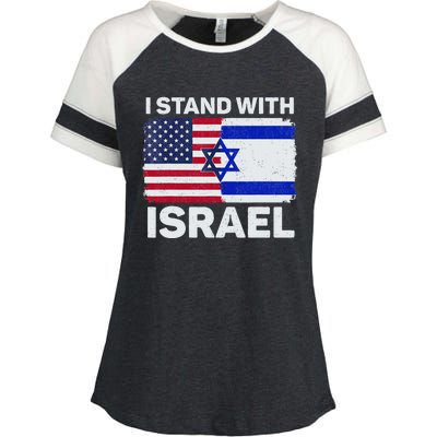 I Stand With Israel USA American Flag with Israel Flag Enza Ladies Jersey Colorblock Tee