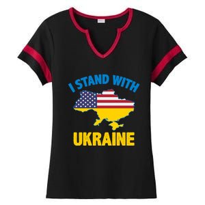 I Stand With Ukraine Map American Flag Us Support Ukrainian Gift Ladies Halftime Notch Neck Tee