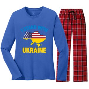 I Stand With Ukraine Map American Flag Us Support Ukrainian Gift Women's Long Sleeve Flannel Pajama Set 