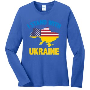 I Stand With Ukraine Map American Flag Us Support Ukrainian Gift Ladies Long Sleeve Shirt