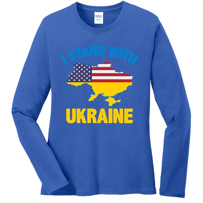 I Stand With Ukraine Map American Flag Us Support Ukrainian Gift Ladies Long Sleeve Shirt