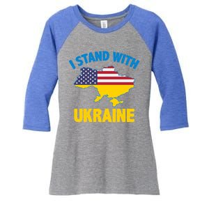 I Stand With Ukraine Map American Flag Us Support Ukrainian Gift Women's Tri-Blend 3/4-Sleeve Raglan Shirt